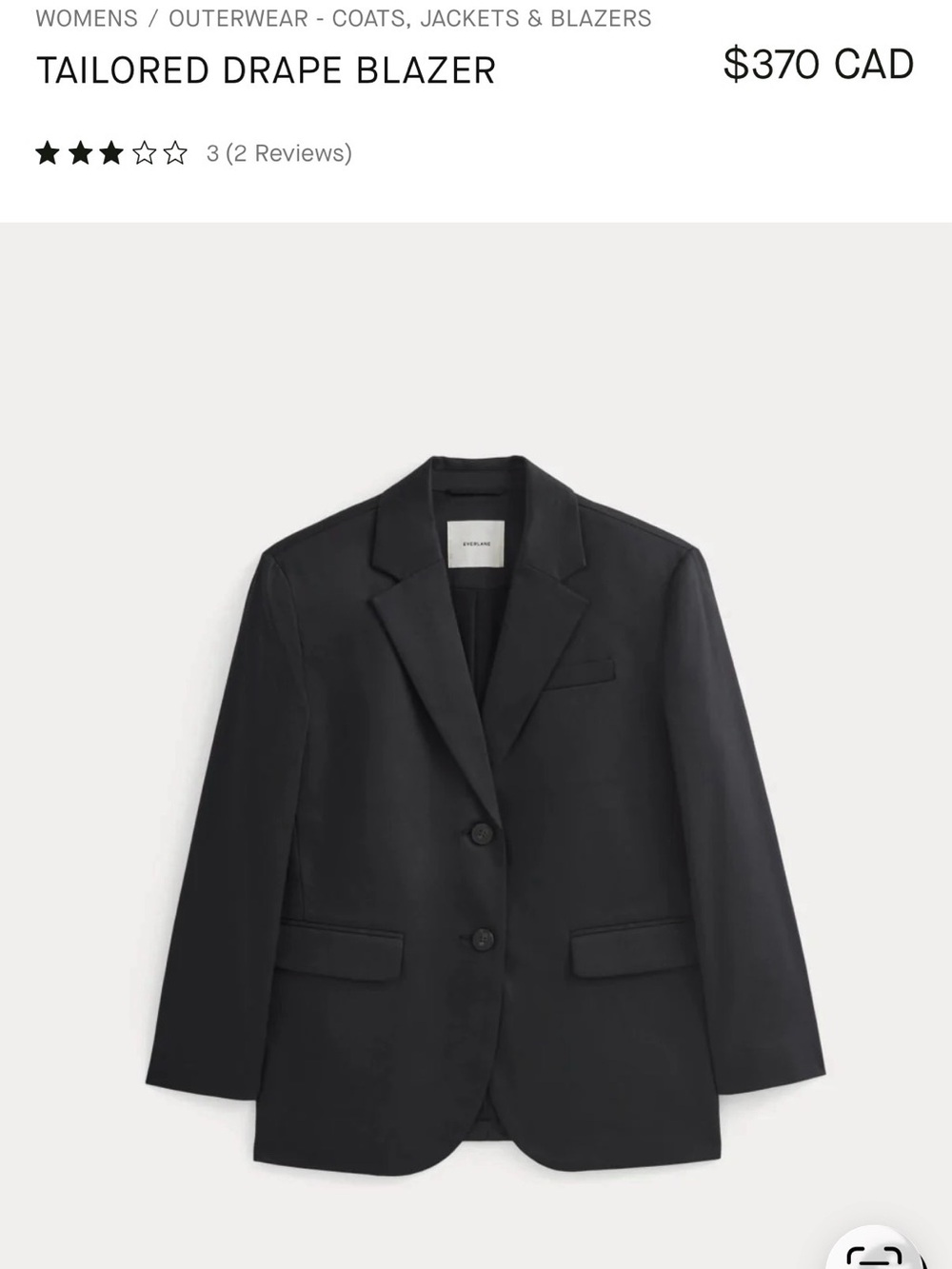 Everlane Black Tailored Drape Blazer